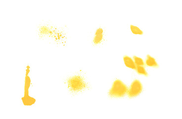 Abstract spots made with yellow spray paint isolated on white, top view