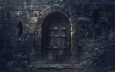 Old wooden door in the stone wall