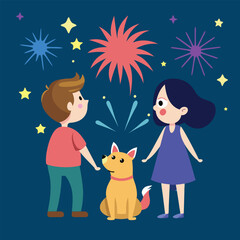 cute couple dog watching fireworks