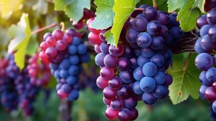 In a vineyard bathed in sunlight, luscious bunches of ripe grapes dangle from the vines, offering the delicious essence of summer's harvest encapsulated in every juicy fruit.