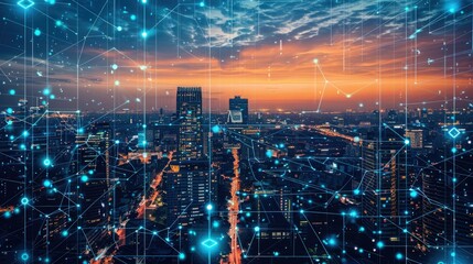 Futuristic city skyline at sunset with digital connections and network concept overlay, symbolizing technology and communication.