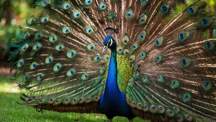 Obraz premium A vibrant peacock with its stunning tail feathers fully fanned out