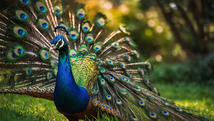Obraz premium A vibrant peacock with its stunning tail feathers fully fanned out