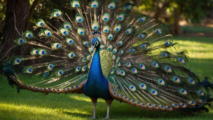 A vibrant peacock with its stunning tail feathers fully fanned out