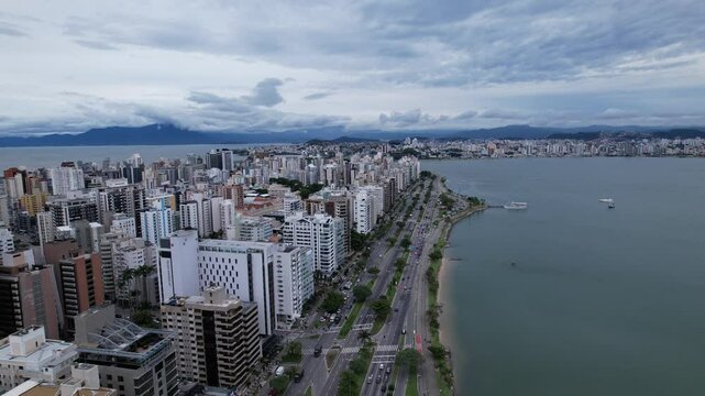 Aerial view of Avenida Beira Mar in Florianopolis, Santa Catarina, Brazil. At sunrise