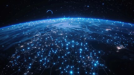 A digitally enhanced view of Earth from space at night, overlaid with a glowing blue network grid, symbolizing global connectivity, communication, and technology