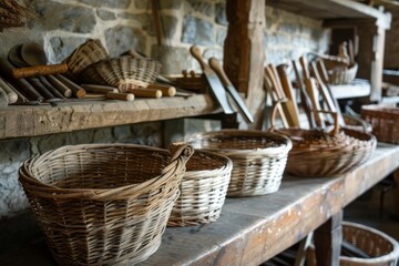Rustic Farmhouse Kitchen with Wicker Baskets and Tools