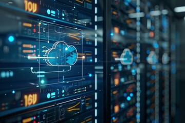 Obraz premium Server Rack with Cloud Computing Icon and Interface
