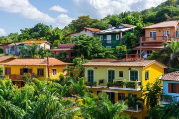 Fototapeta premium Tropical Village Homes with Lush Greenery
