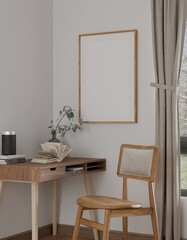 Interior home work desk mockup poster wood frame in empty picture, element interior vertical, on the wall. in illustration 3d render