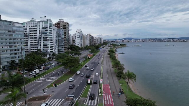 Aerial view of Avenida Beira Mar in Florianopolis, Santa Catarina, Brazil. At sunrise