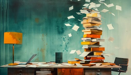 A chaotic desk with a tall stack of books and flying pages, symbolizing disorganization and creative chaos in a work environment.