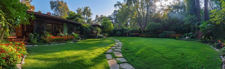 Naklejka premium Stone Pathway Leading To Lush Green Lawn In Front Of A Brick Home On A Sunny Morning