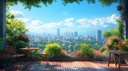 Fototapeta premium カフェのテラス席と高層ビル