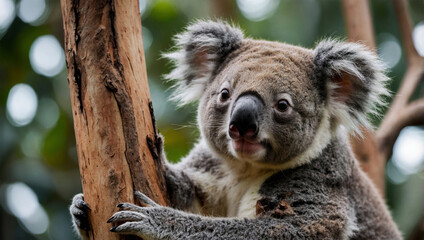 Naklejka premium Adorable koala clinging to a tree branch