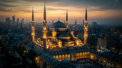 Obraz premium Illuminated minarets rise at famous Blue Mosque, AI Generative.