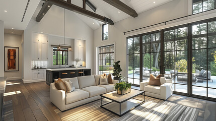 Spacious modern living room with a fireplace features sleek furniture and contemporary lighting for a luxurious feel