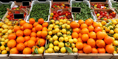Variation of fruits and vegetables at the market.
