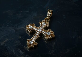 Ornate golden cross pendant with diamonds