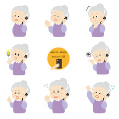 スマートフォンでおしゃべりしているシニア女性のセット