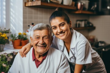 Fototapeta premium Portrait of a smiling senior man with caregiver in nursing home