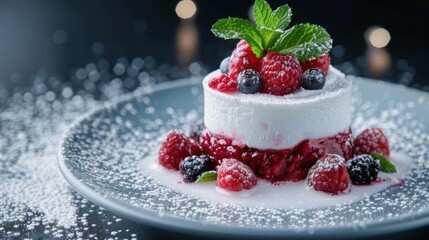 Delicious winter dessert with fresh berries and mint