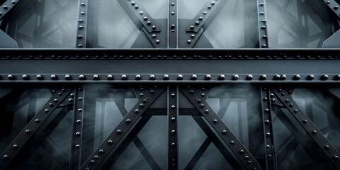 Metal structure beams with rivets and smoke in the background