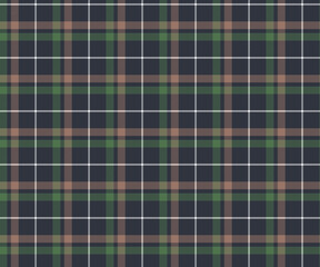 Plaid pattern, navy blue, green, brown, white, seamless for textiles and designing clothing, skirts, pants, aprons, tablecloths, blankets or decorative fabrics. Vector illustration.