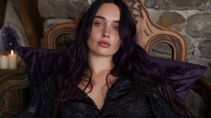 Fototapeta premium Mysterious woman with dark hair and makeup in a dramatic setting