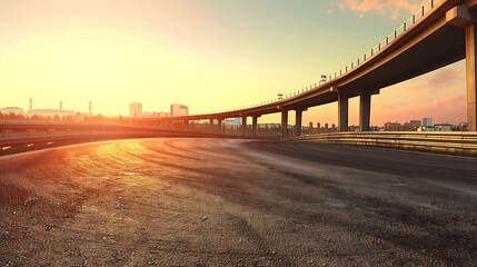 Asphalt highway and skyline with modern buildings at sunset.