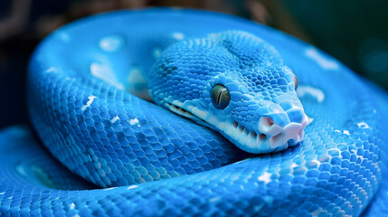 Fototapeta premium Stunning Close up of a Coiled Blue Python Snake Resting in Its Natural Habitat Showcasing the Vibrant Shimmering Scales and Hypnotic Patterns of This Magnificent Reptile