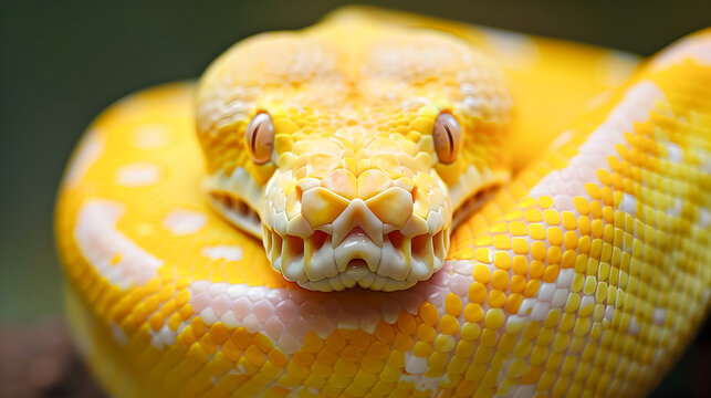 Striking Yellow Python Snake Curled in Coiled Pose Showcasing Its Intricate Scales and Texture with Its Piercing Eyes and Ominous Presence in Its Natural Habitat