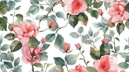 watercolor floral pattern, pink blush flowers elements, green leaves branches on white background 