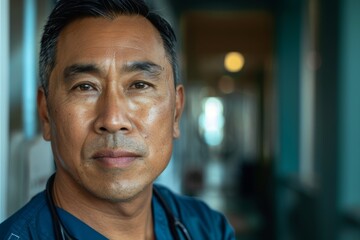 Obraz premium Portrait of a middle aged male registered nurse in hospital corridor