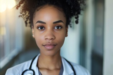 Fototapeta premium Smiling portrait of young female doctor or nurse in a medical office