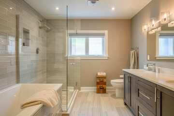 Fototapeta premium Modern Bathroom with Shower, Bathtub, and Double Vanity