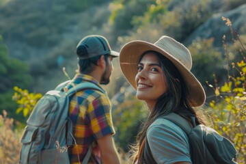 Portrait of a young couple hiking in beautiful scenery