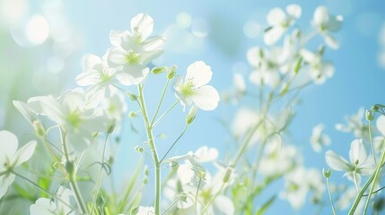 White flowers in springtime with soft focus and blue sky. selected focus, shallow depth of field 