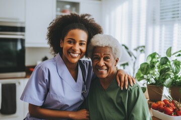 Portrait of a smiling senior woman with caregiver in nursing home