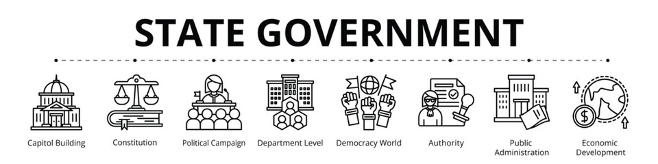 State Government Line Banner Web Icon Set Vector Illustration, Capitol Building Constitution Political Campaign Department Level Democracy World Authority Public Administration Economic Development 