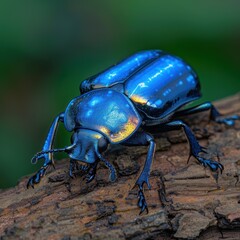Naklejka premium Vibrant blue beetle on bark