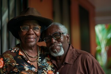 Obraz premium Happy Elderly African Couple Posing Outside Home