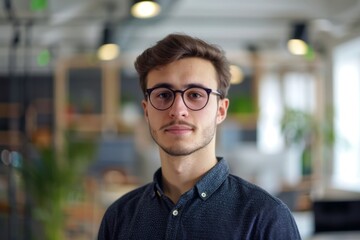 Fototapeta premium Portrait of a young male worker in startup company office