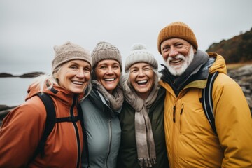 Portrait of a smiling group of senior hikers in rain jackets