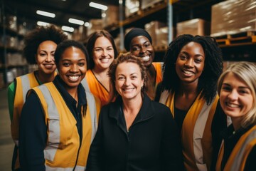 Fototapeta premium Group portrait of diverse female warehouse workers smiling