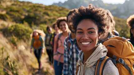 Highly detailed image of a diverse group of friends joyfully hiking together, showcasing their spirit of multicultural bonding and adventure