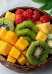 Healthy and colorful fruit salad in a wooden bowl