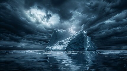 High-resolution image of a polar iceberg surrounded by dark clouds, emphasizing the changing climate in the northern regions