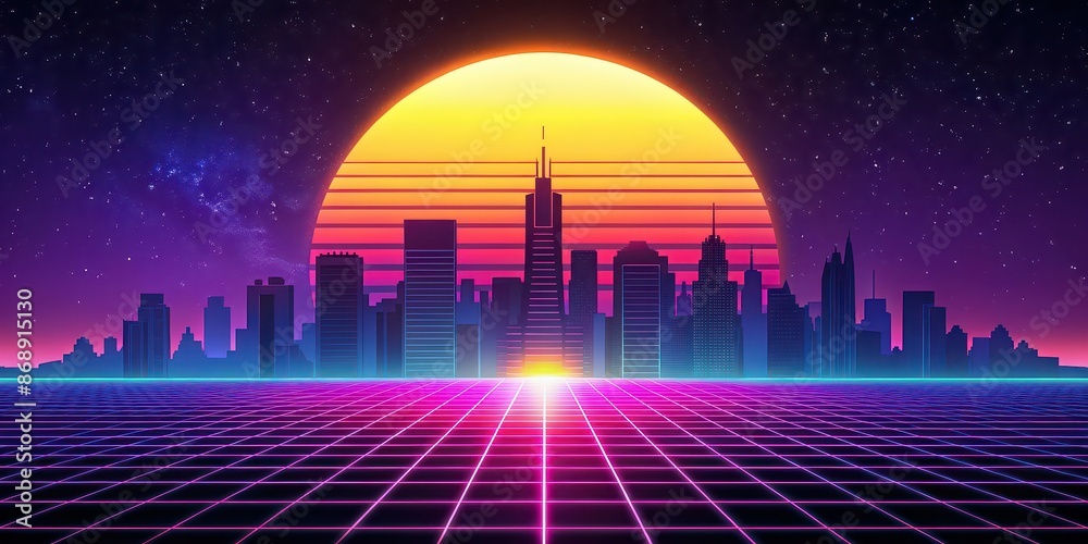 Poster Synthwave cityscape with a large sun in the background, synthwave, cityscape, retro, 80s, futuristic, neon, skyline