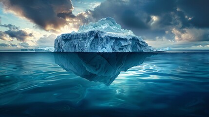 Highly detailed image of a polar iceberg under a dramatic sky, capturing the essence of climate change in the north